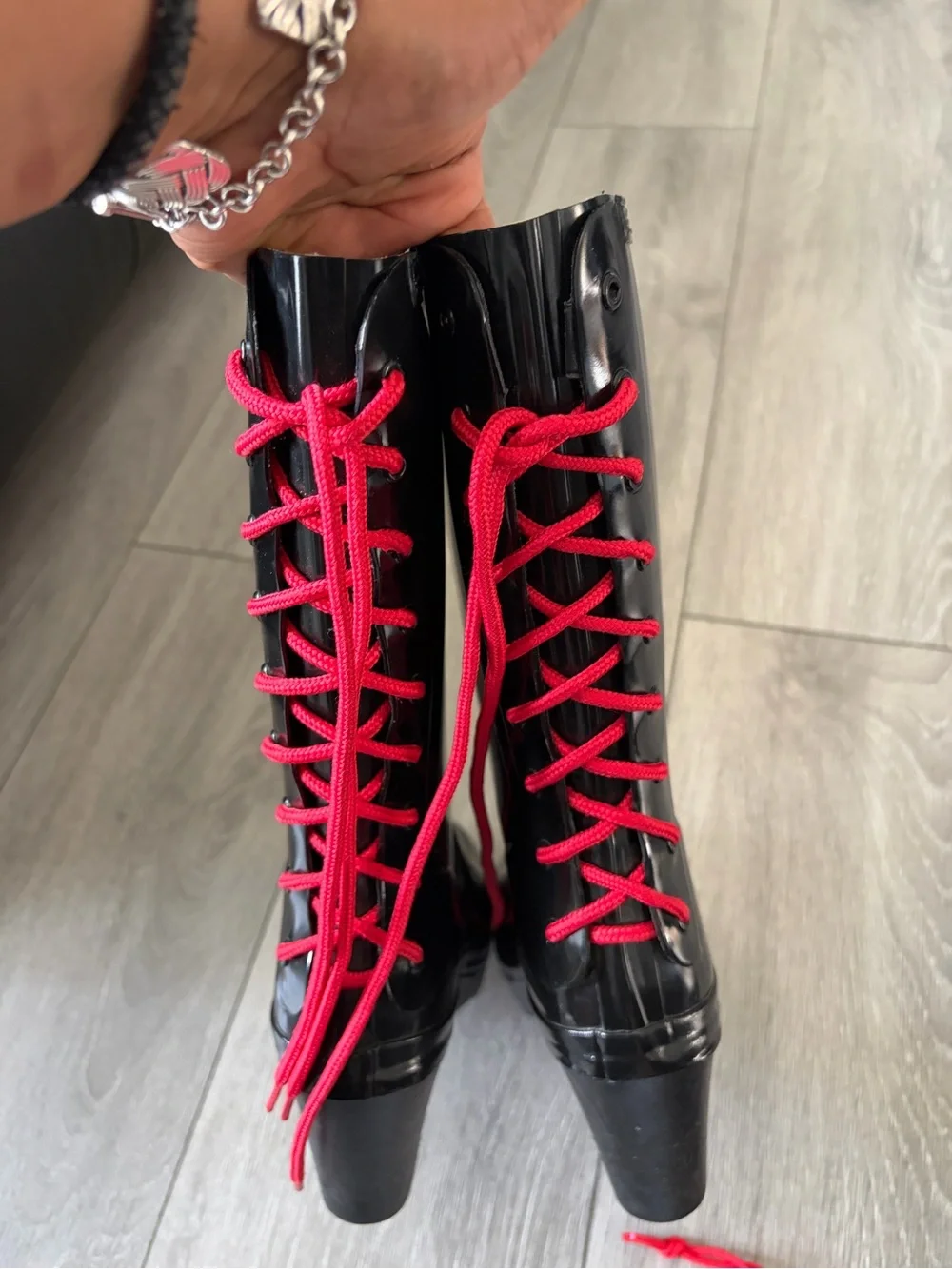 Hunter Black Wedge Rain Boots with Red Lace Detail